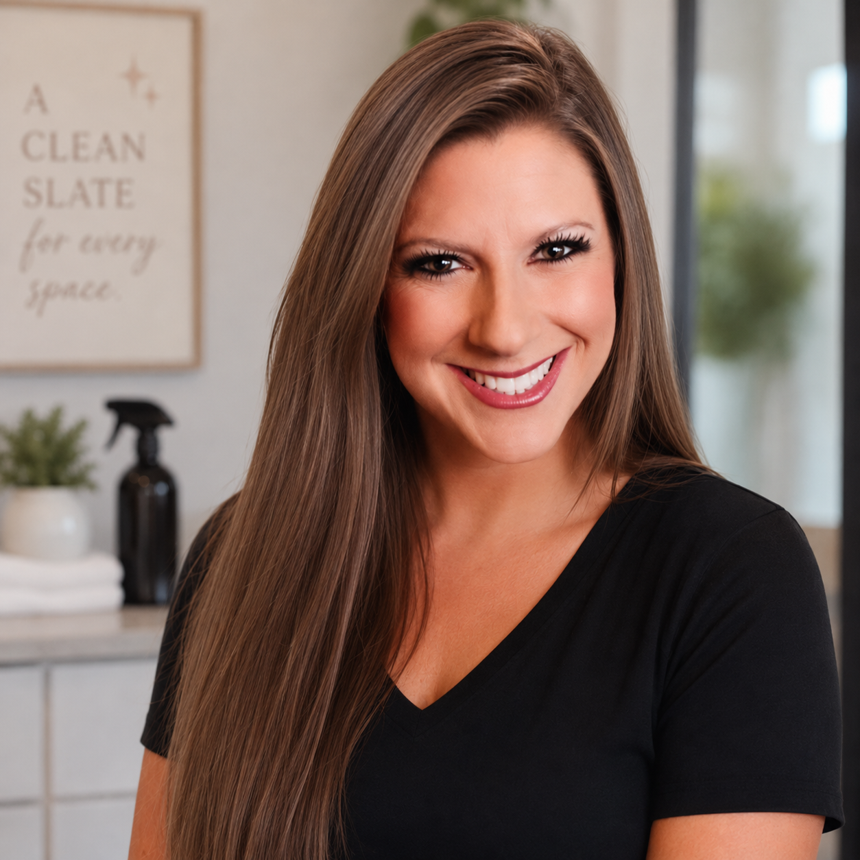 Hannah, the owner and cleaner, smiling in a bright, tidy home