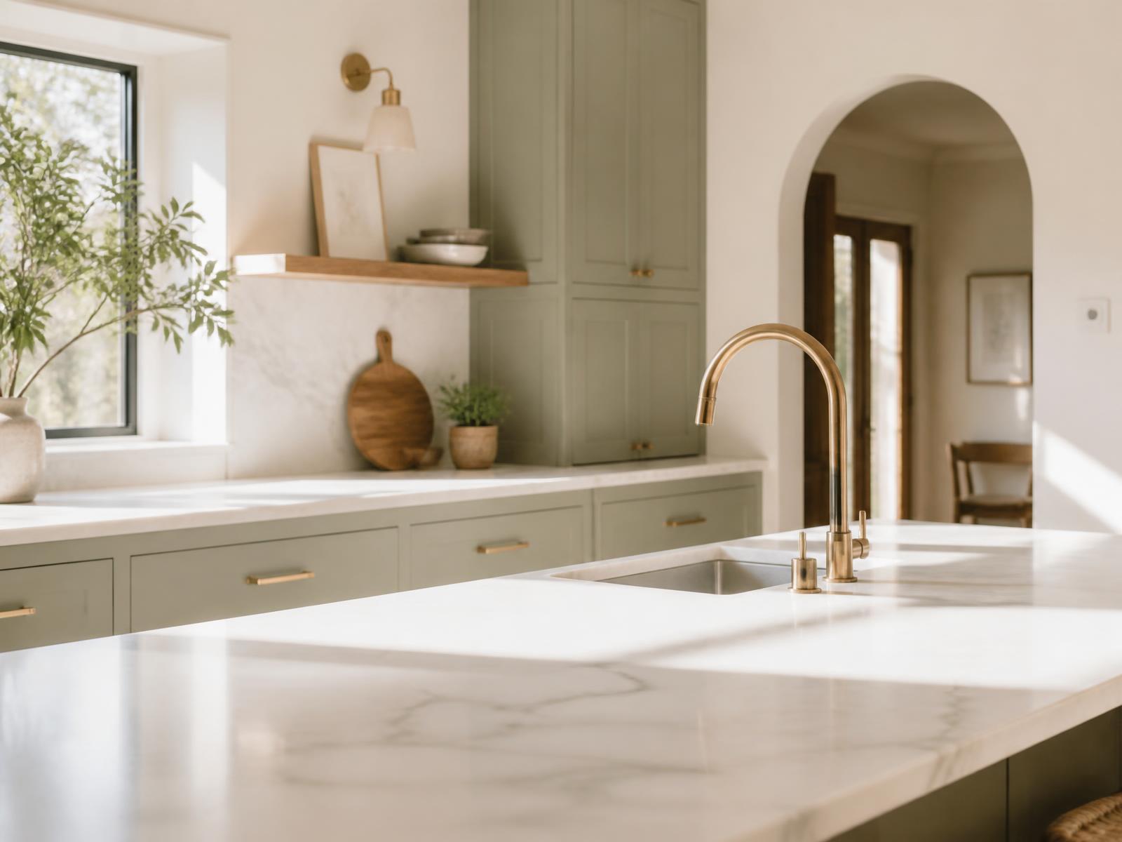 A calm, immaculate kitchen with clear marble counters and warm morning light